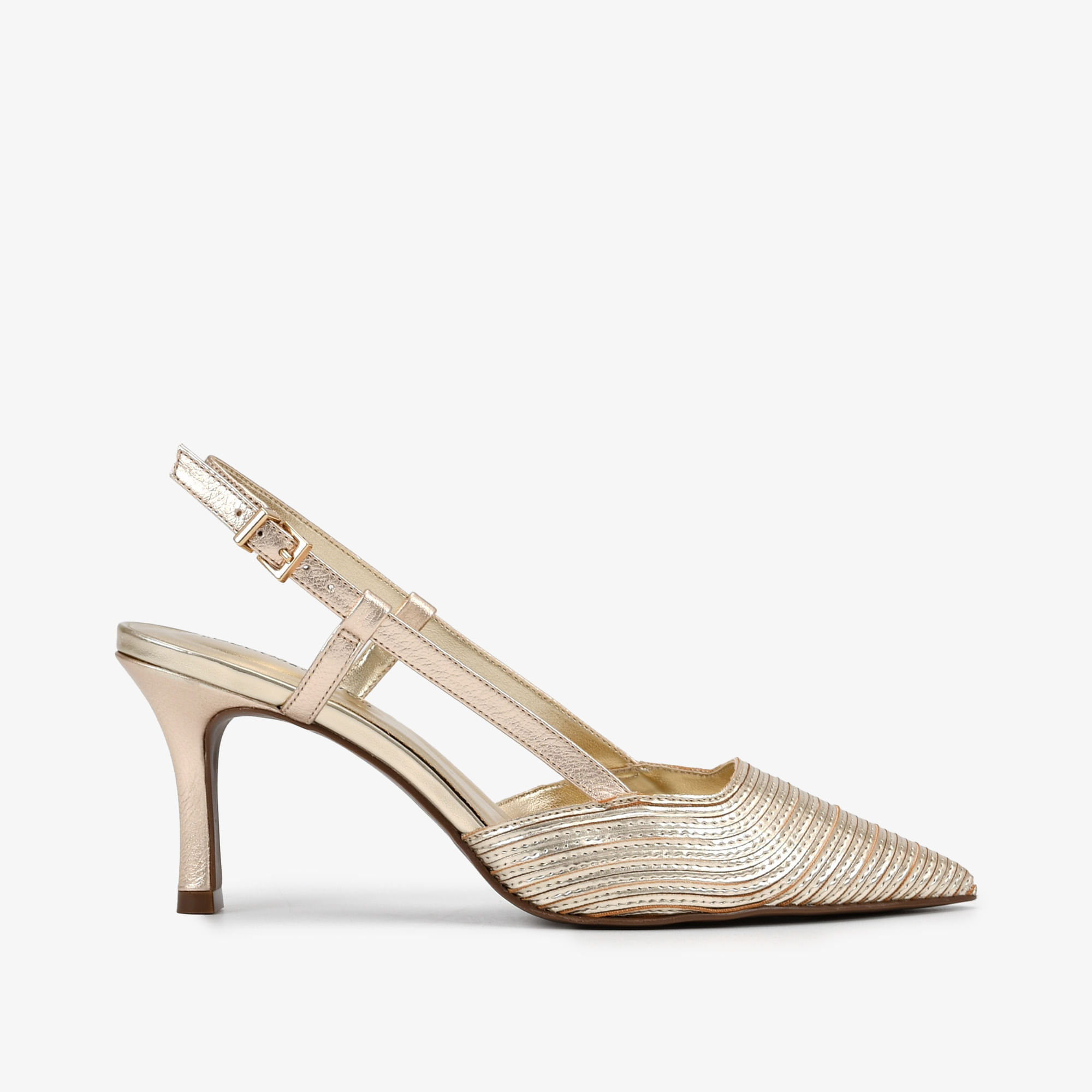 Slingback Dourado Pesponstos Salto Baixo Couro