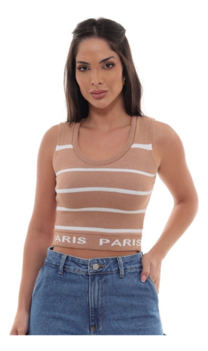 CROPPED EM TRICÔ LISTRADO COM ESCRITA PARIS S0032