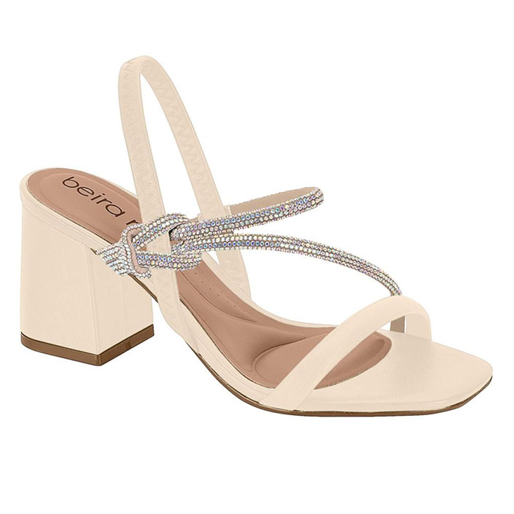 Sandália Salto Grosso Feminino Beira Rio Strass Creme