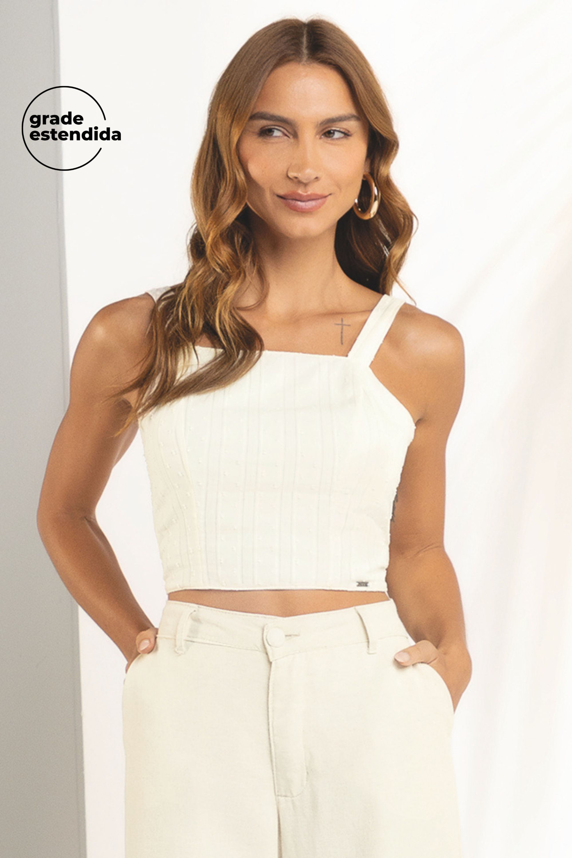 Cropped Feminino Alça Grossa Marialícia Bege