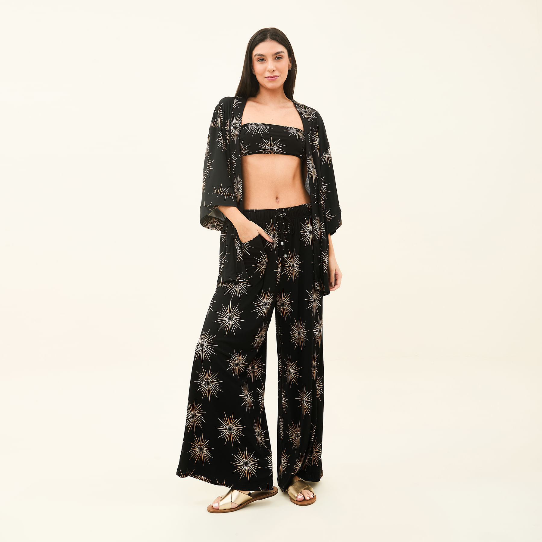 Calça Pantalona Uv Com Proteção Solar Estampa Shine Preto