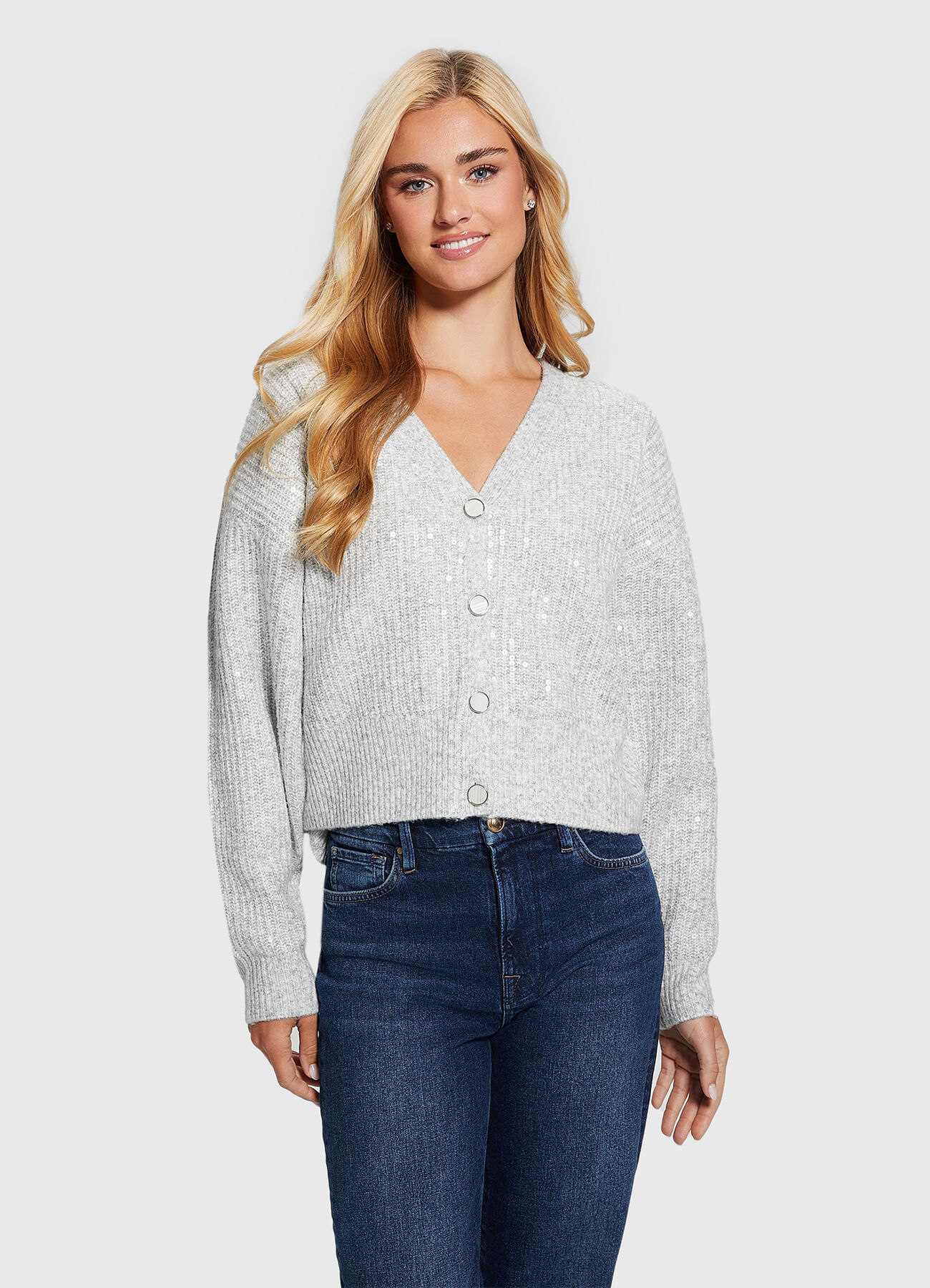 Cardigan Tricot Paetes Eco Cinza Claro