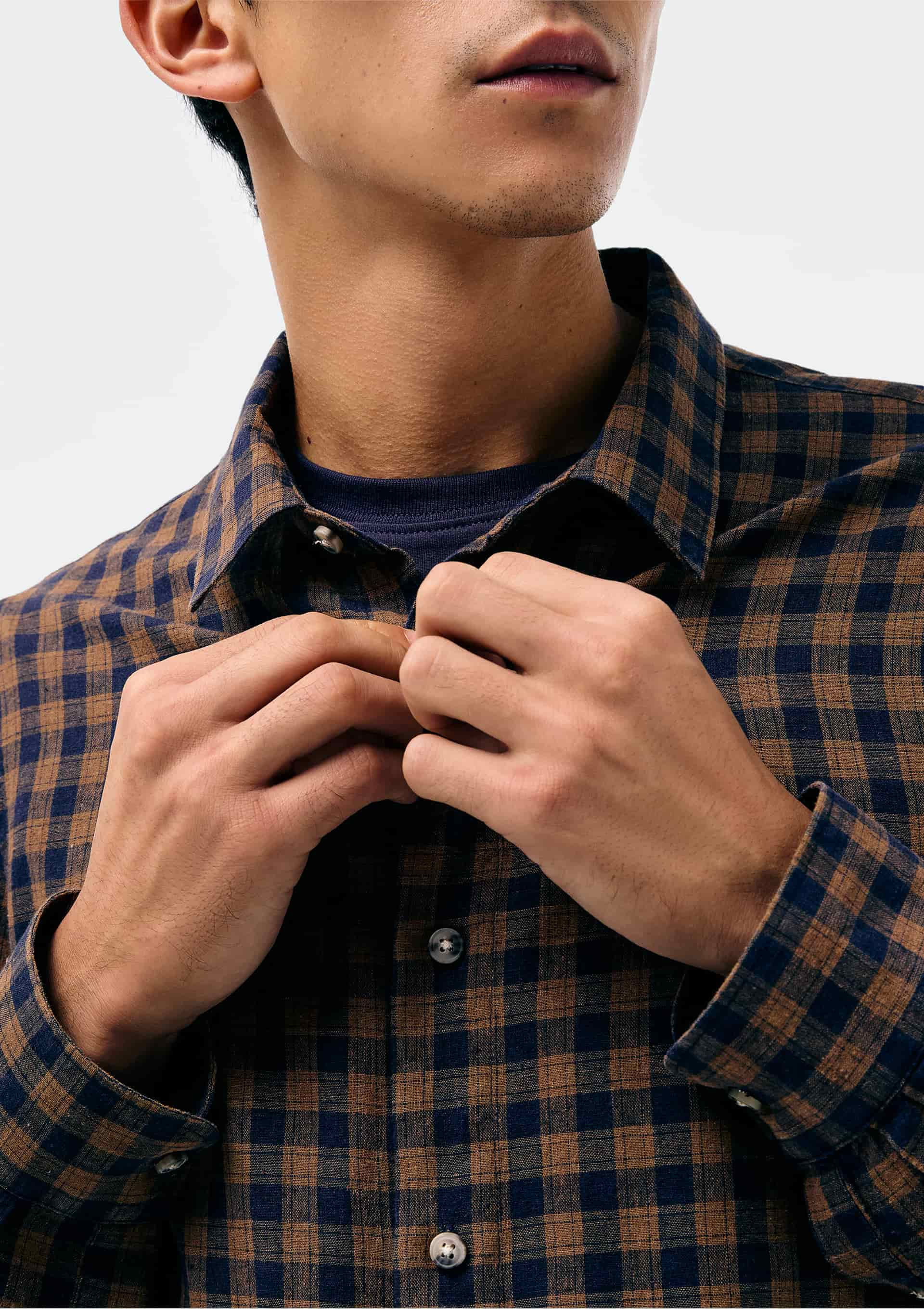 Camisa Masculina Manga Longa Xadrez Em Linho
