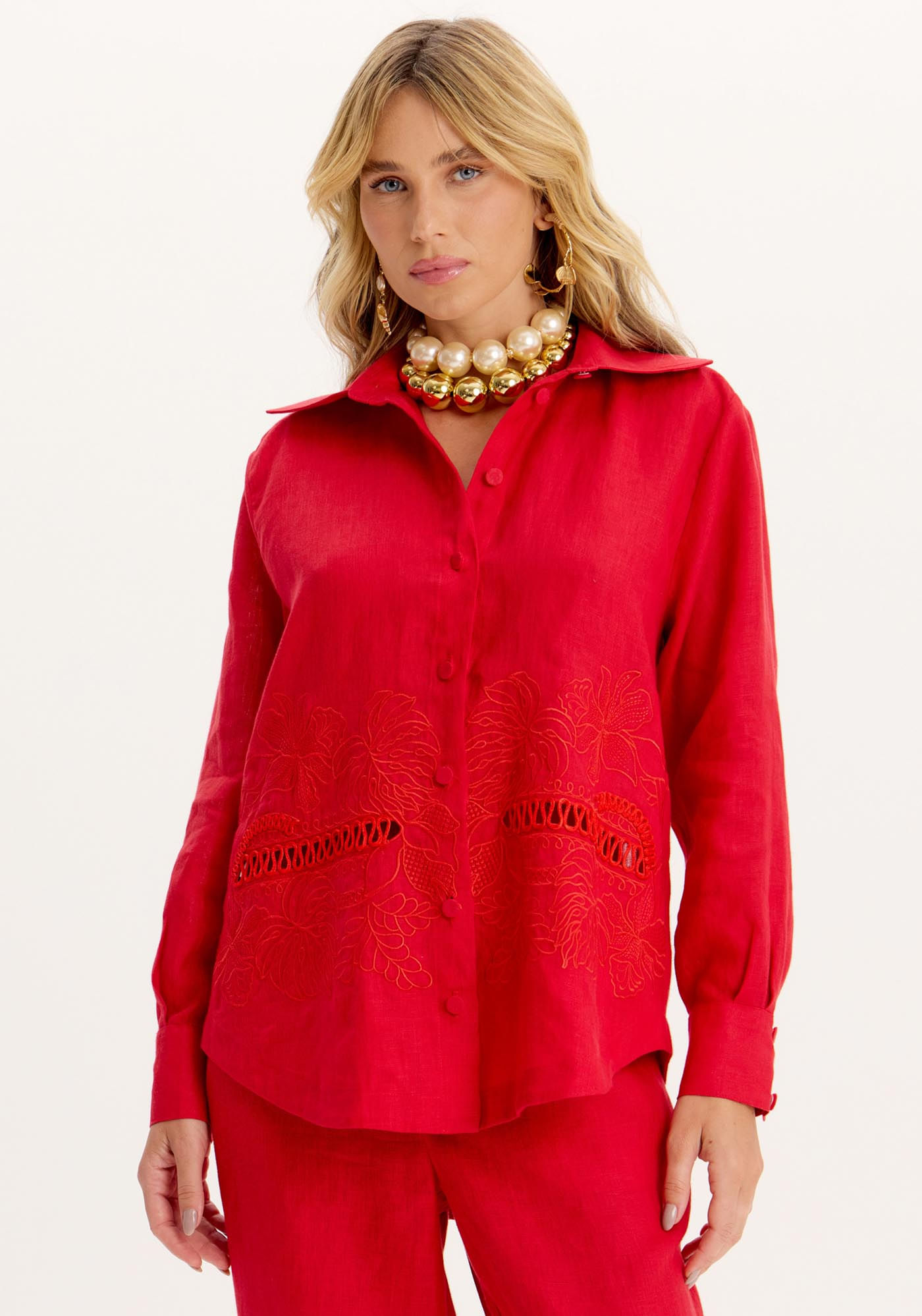 Camisa Alongada Com Bordado Linho