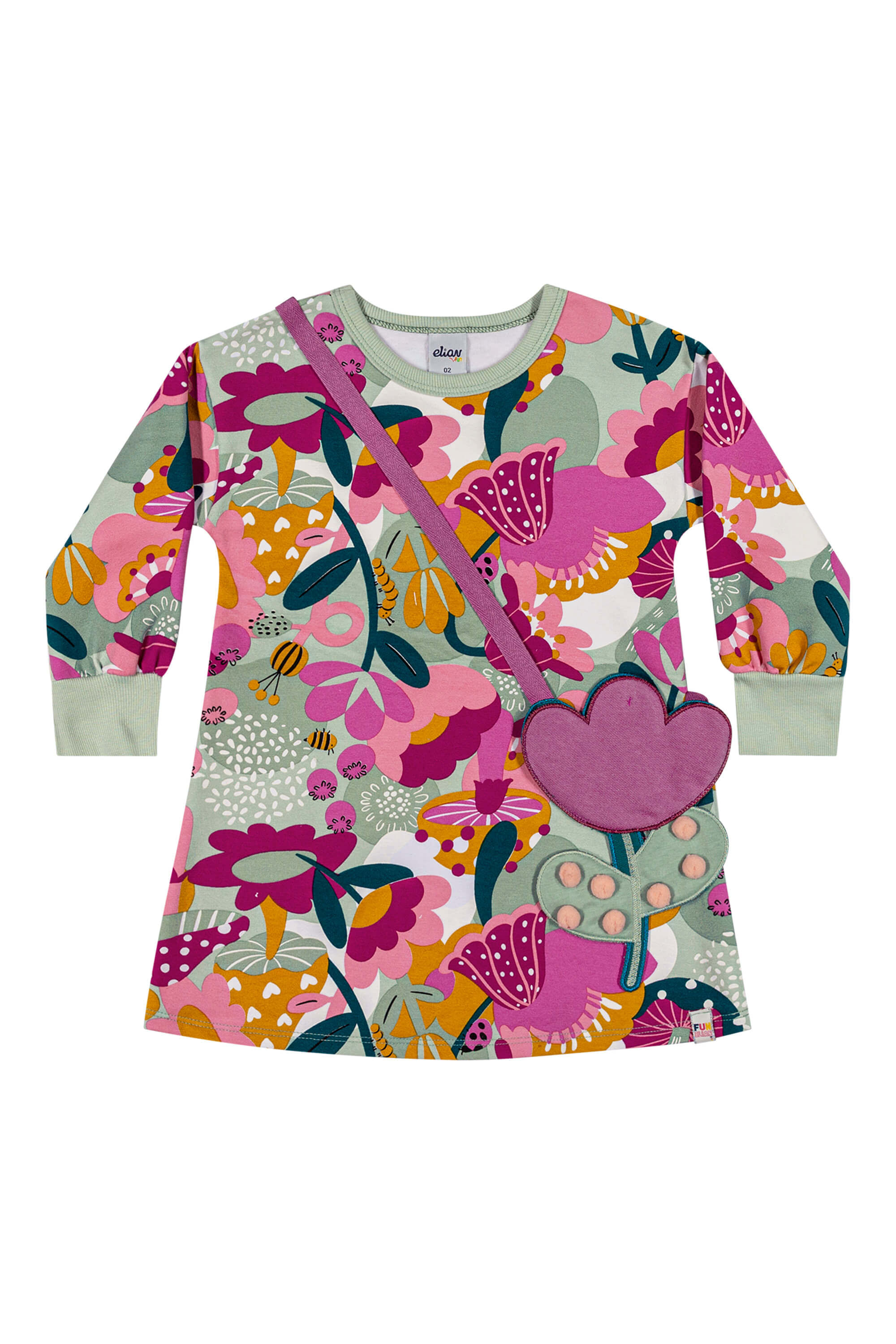 Vestido Infantil Manga Longa Floral Com Bolsa Elian Verde