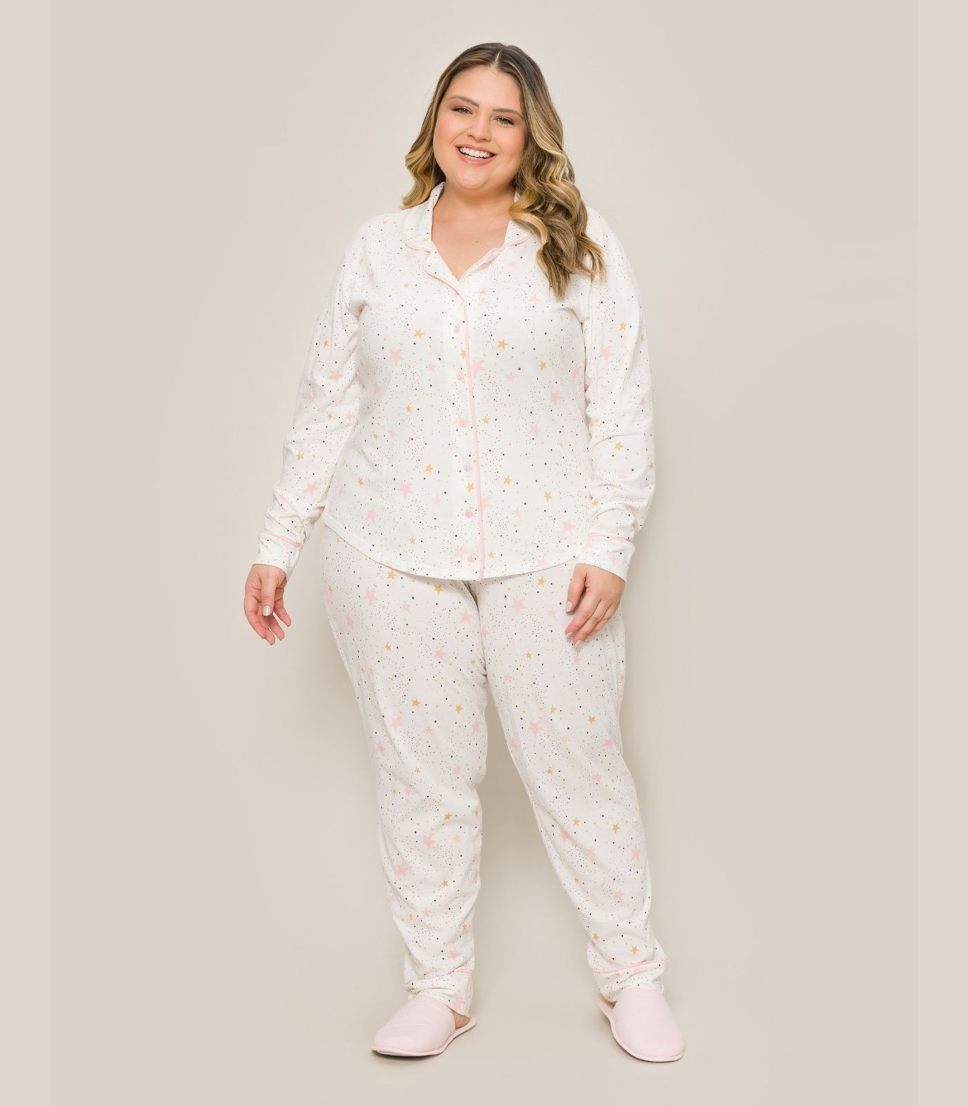 Pijama Plus Americano Manga Longa Evanilda Branco