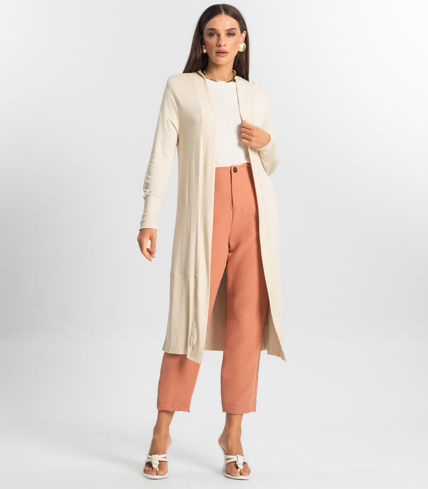 Cardigan Alongado Tricot Feminino Endless Bege