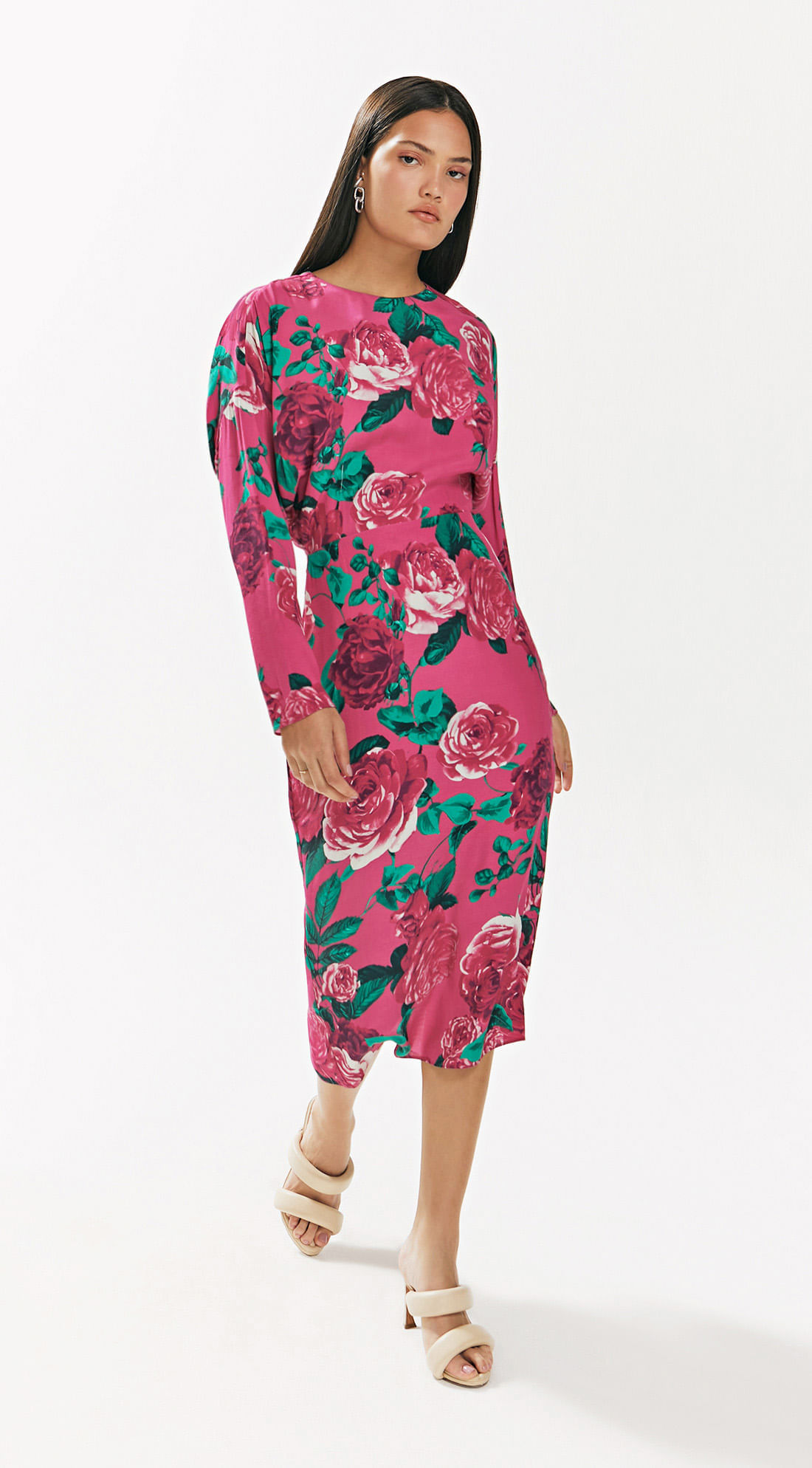 Vestido Iódice Midi Decote Redondo Abertura Cóstas Rosa