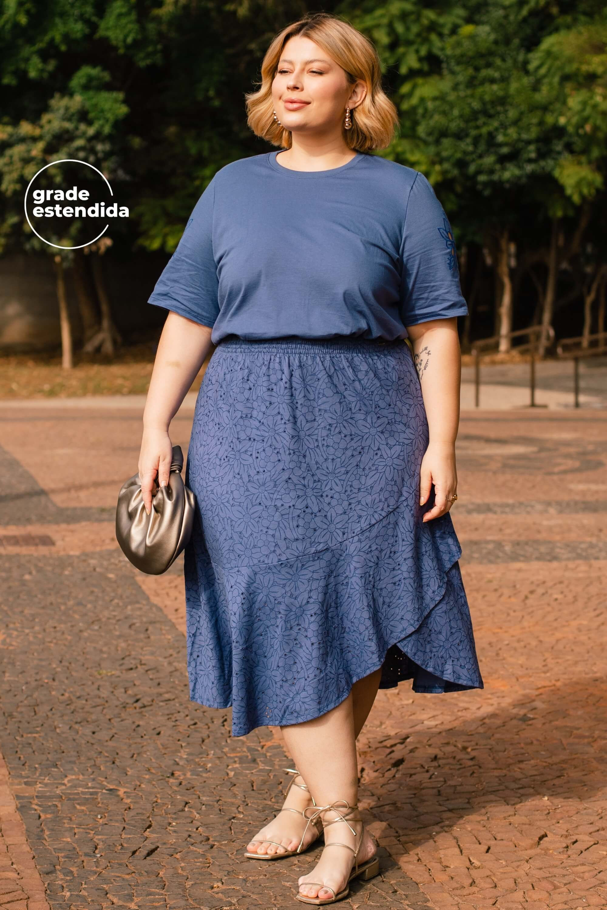 Saia Feminina Midi Devorê Marialícia Azul