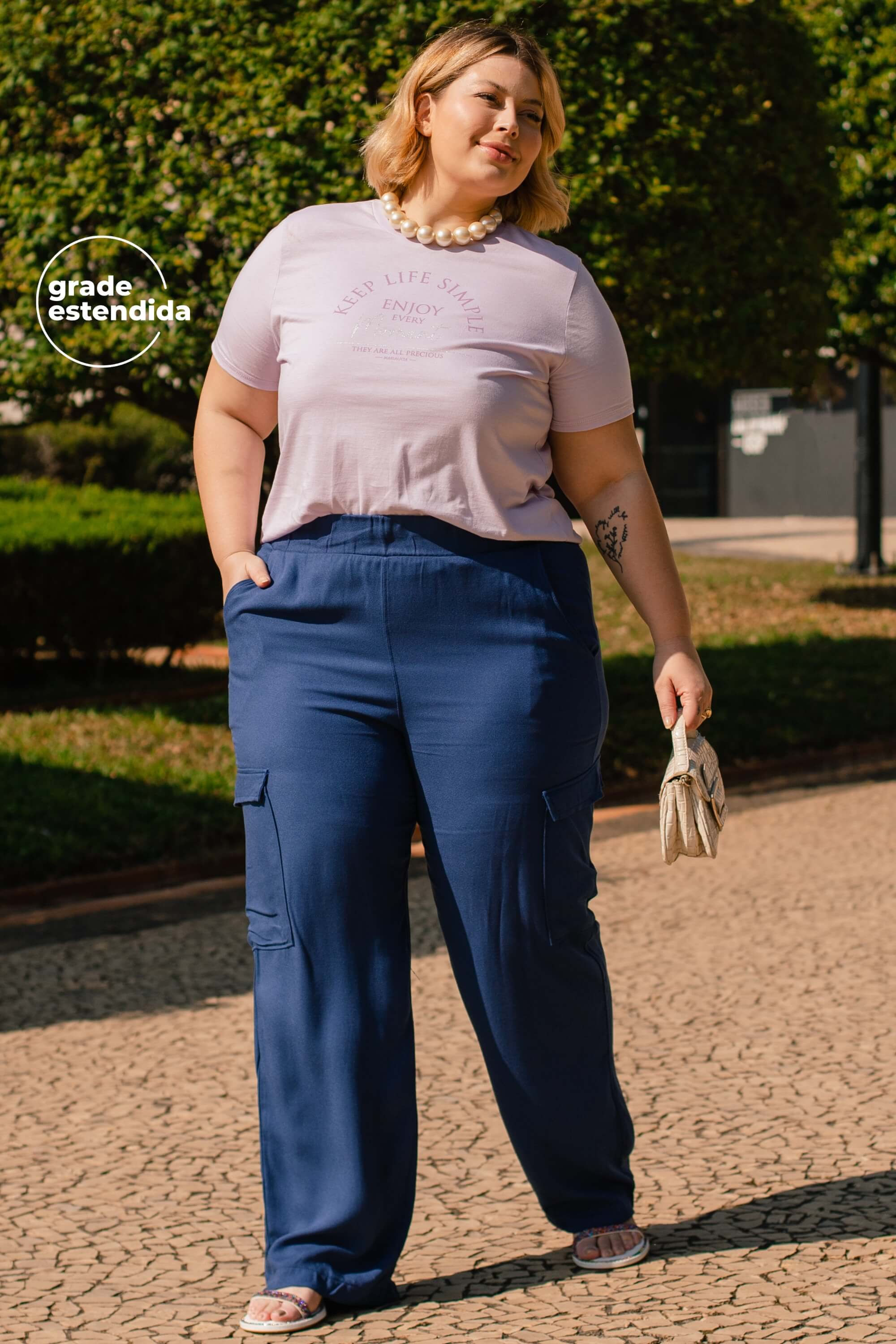 Calça Feminina Cargo Creponada Marialícia Azul