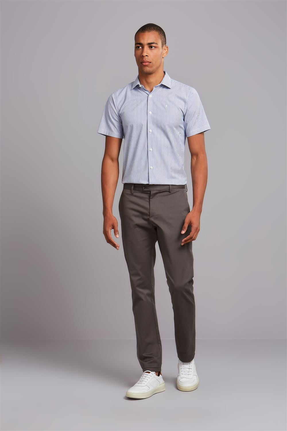 Camisa Manga Curta Comfort Fio Tinto - Azul Medio