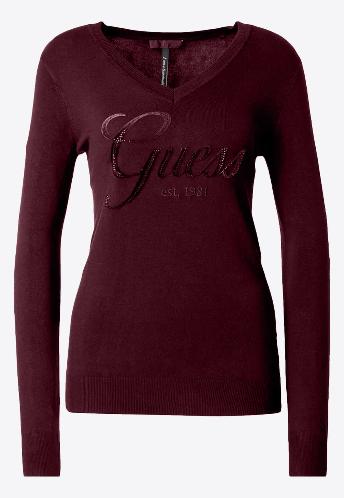 Suéter de Tricot Guess Dec V Bordado E Hot Fix Vinho