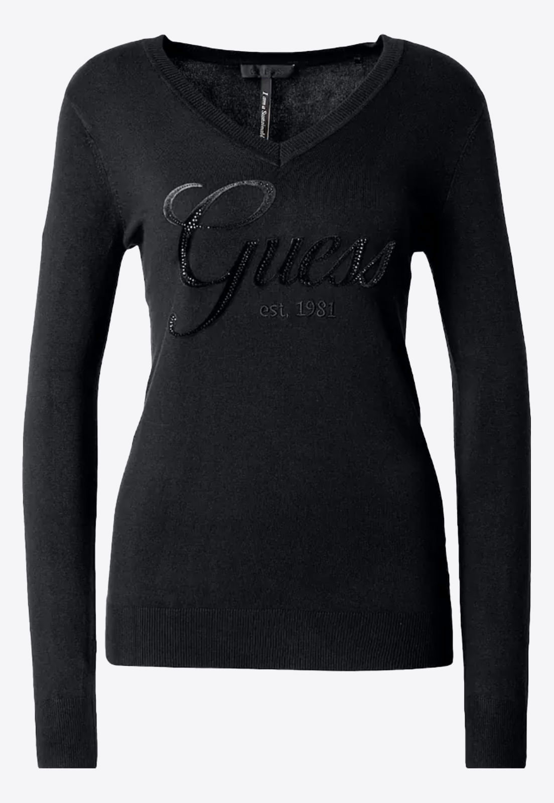 Suéter de Tricot Guess Dec V Bordado E Hot Fix Preto