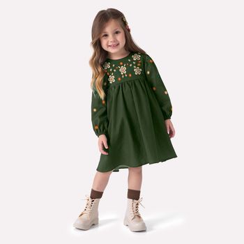 Vestido Infantil Menina Bordado Nanai 1 / Verde