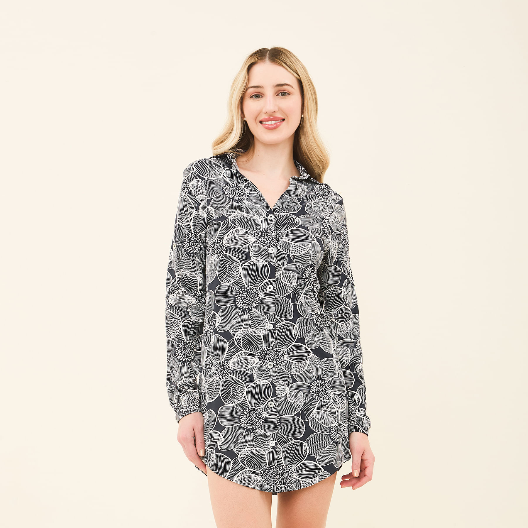 Saída de Praia UV Com Proteção Solar Chemise Estampa Dália Marinho