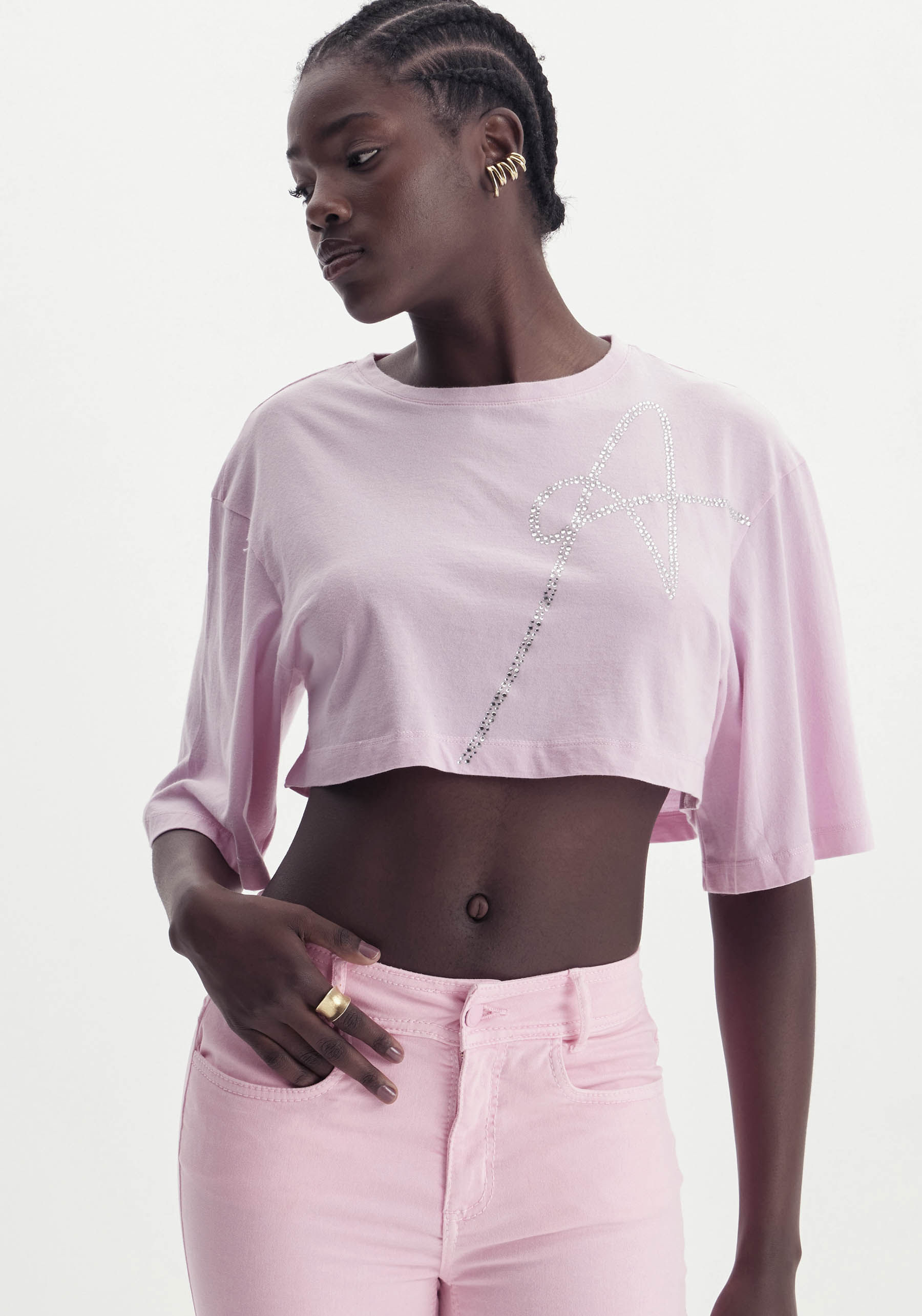 T-Shirt Cropped Com Cristais Rosa
