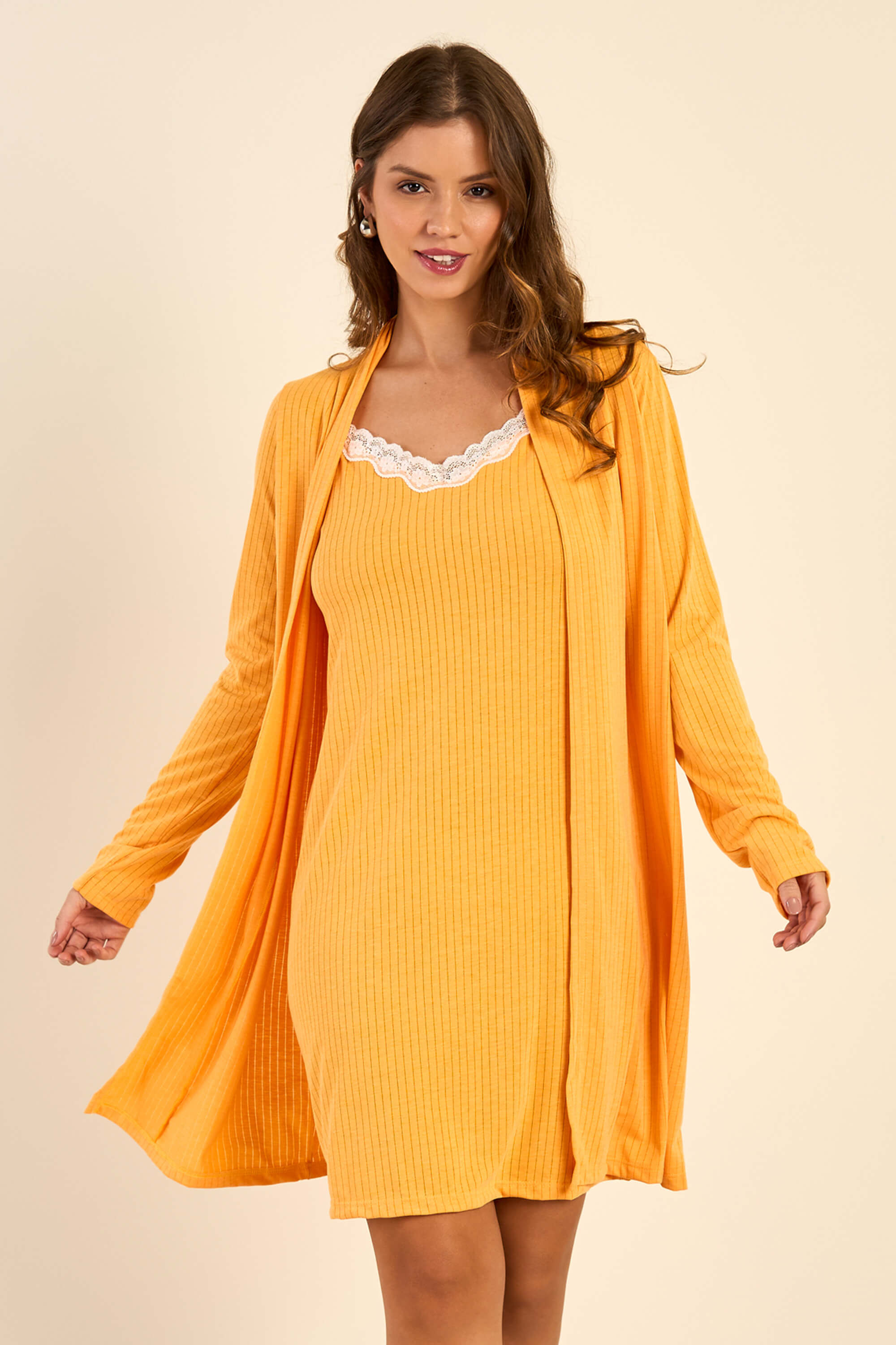 Pijama Feminino Camisola e Robe Canelado Marialícia Amarelo
