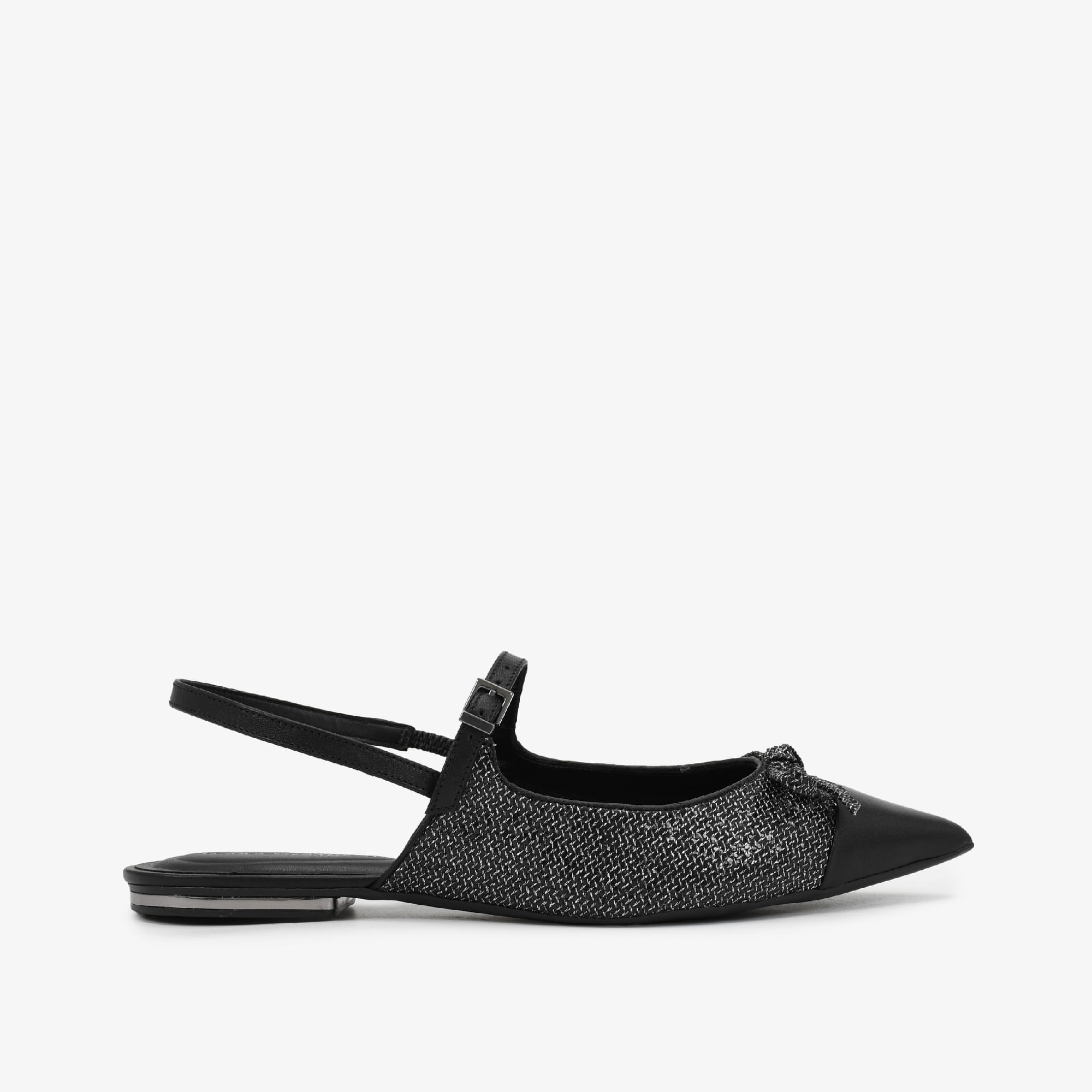 Slingback Preto Bico Fino Tecido