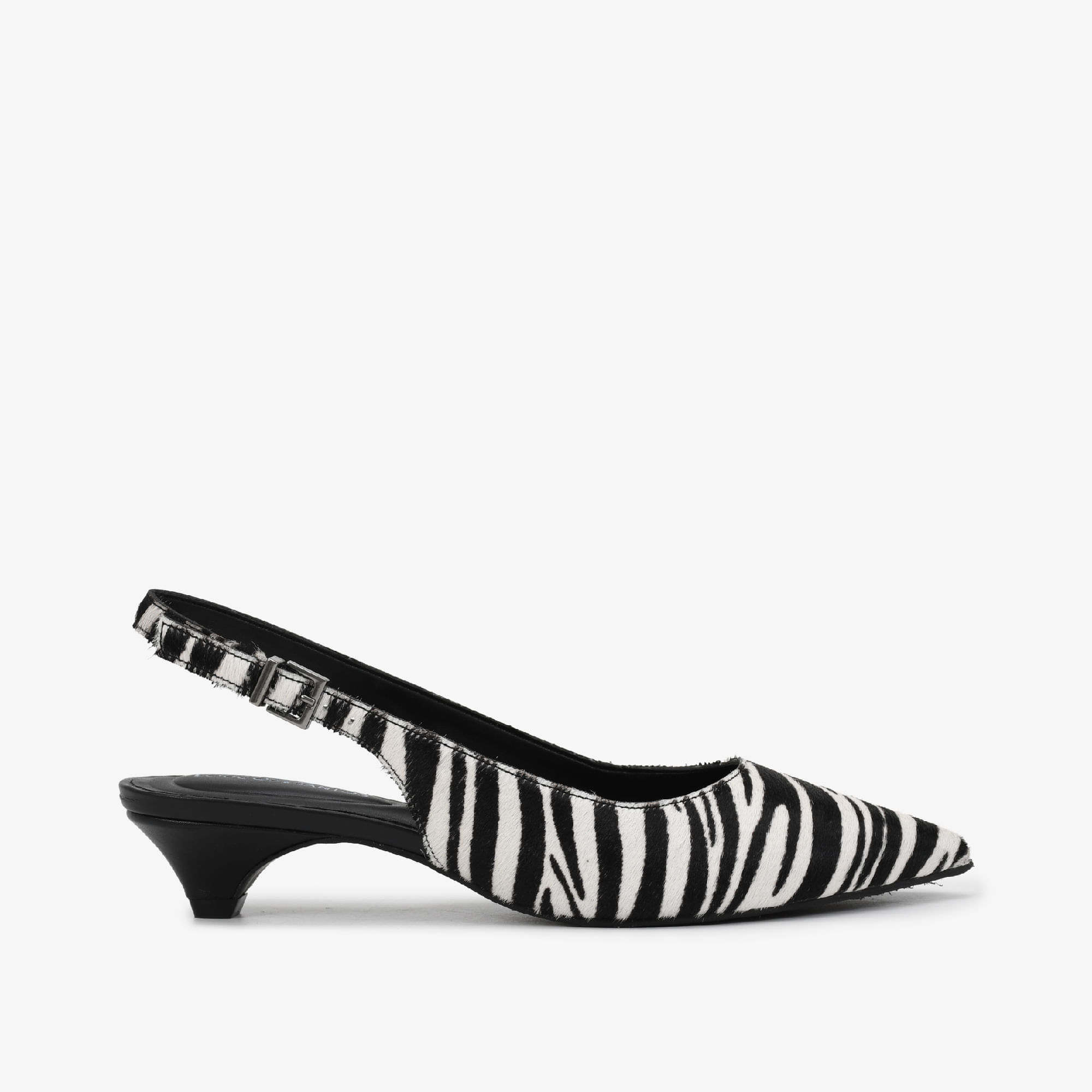 Slingback Animal Print Zebra Salto Bloco Baixo Couro