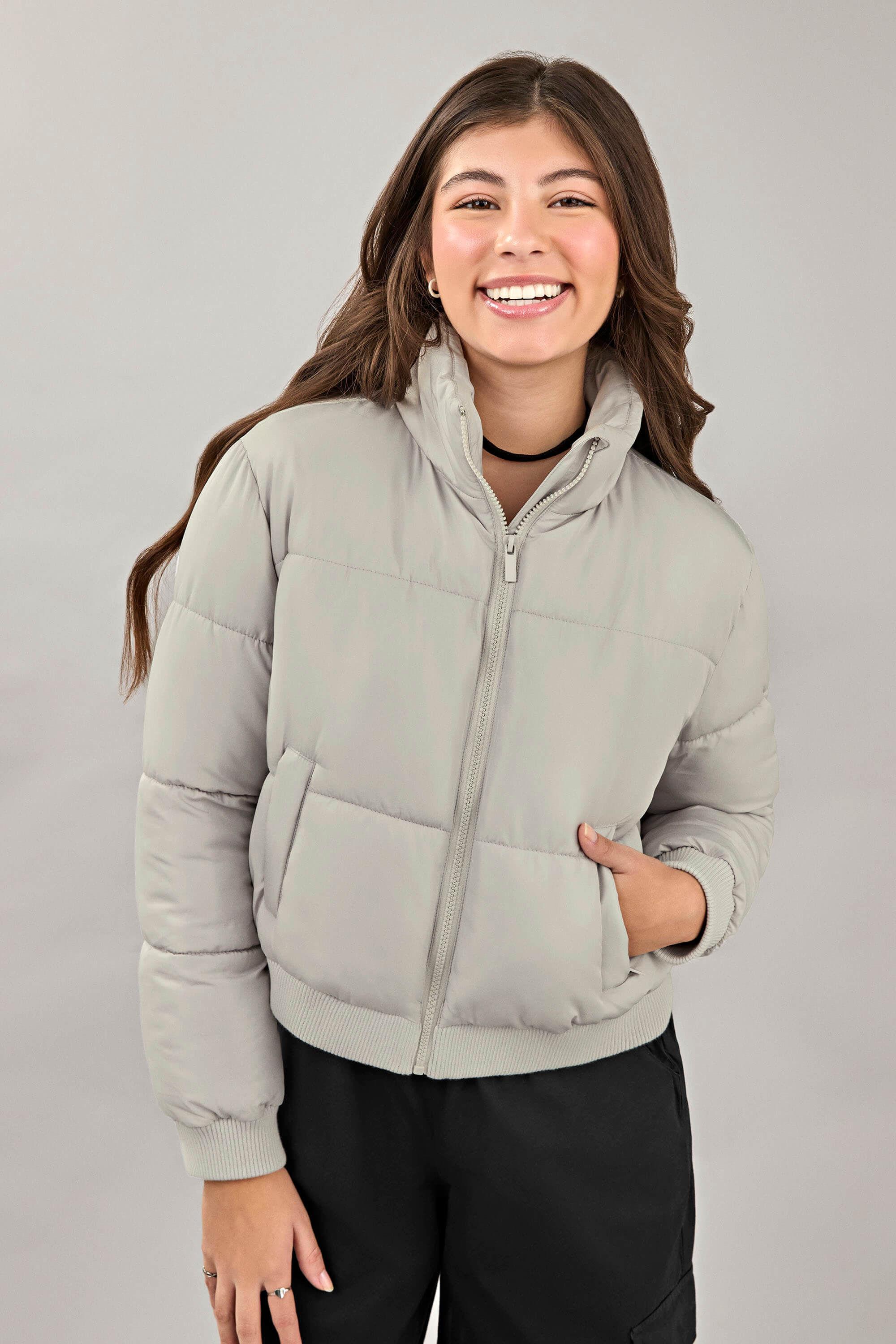 Jaqueta Juvenil Menina Puffer Cropped Beats Cinza