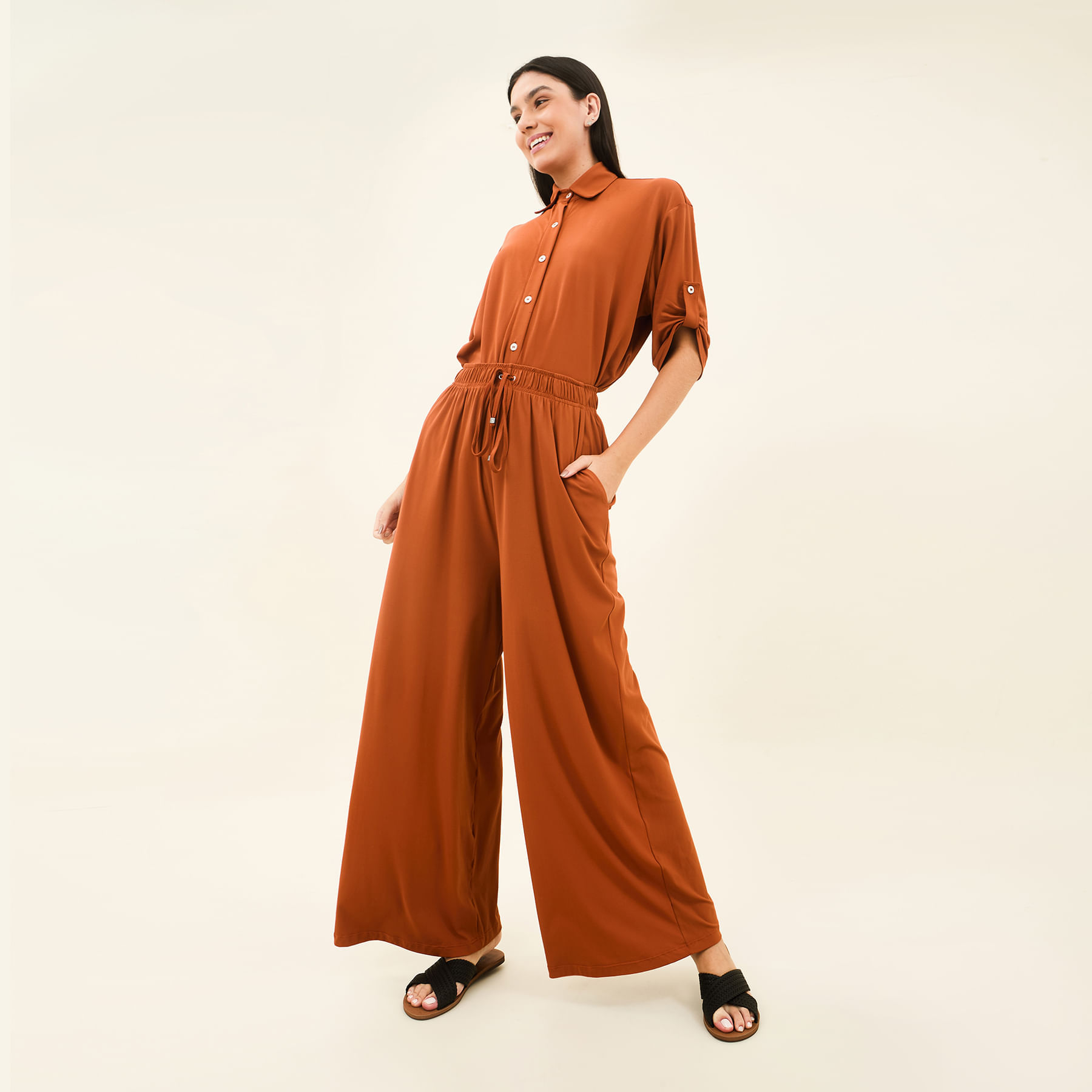 Calça Pantalona Uv Com Proteção Solar Caramelo