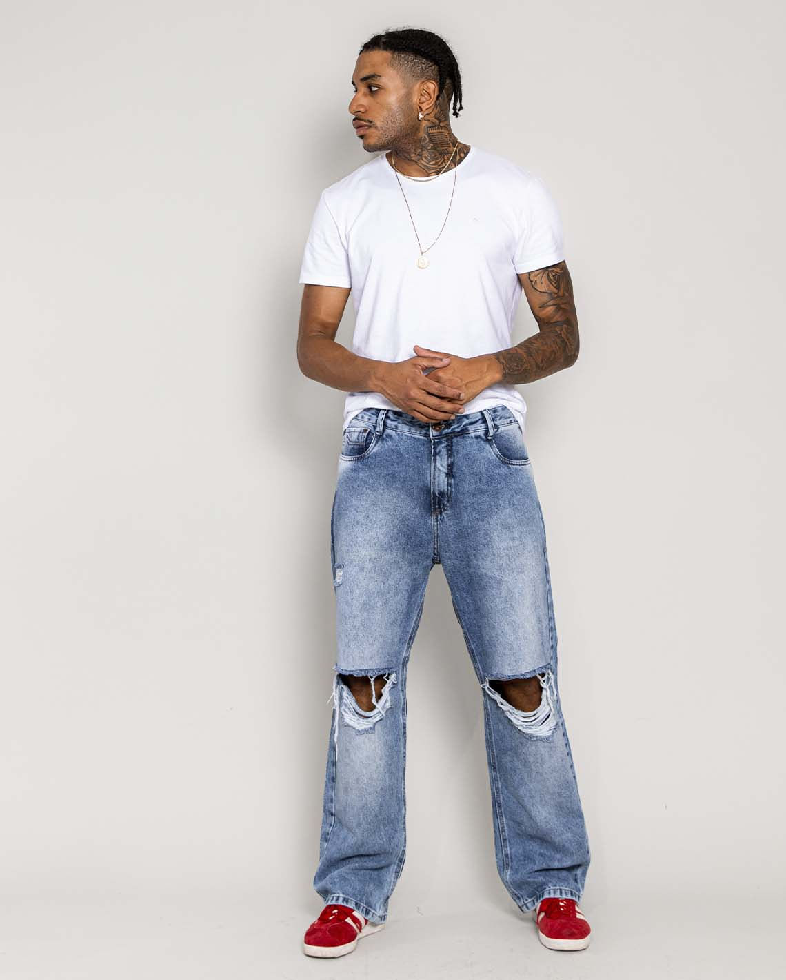 CALÇA JEANS MASCULINA  BAGGY  RASGADA NO JOELHO