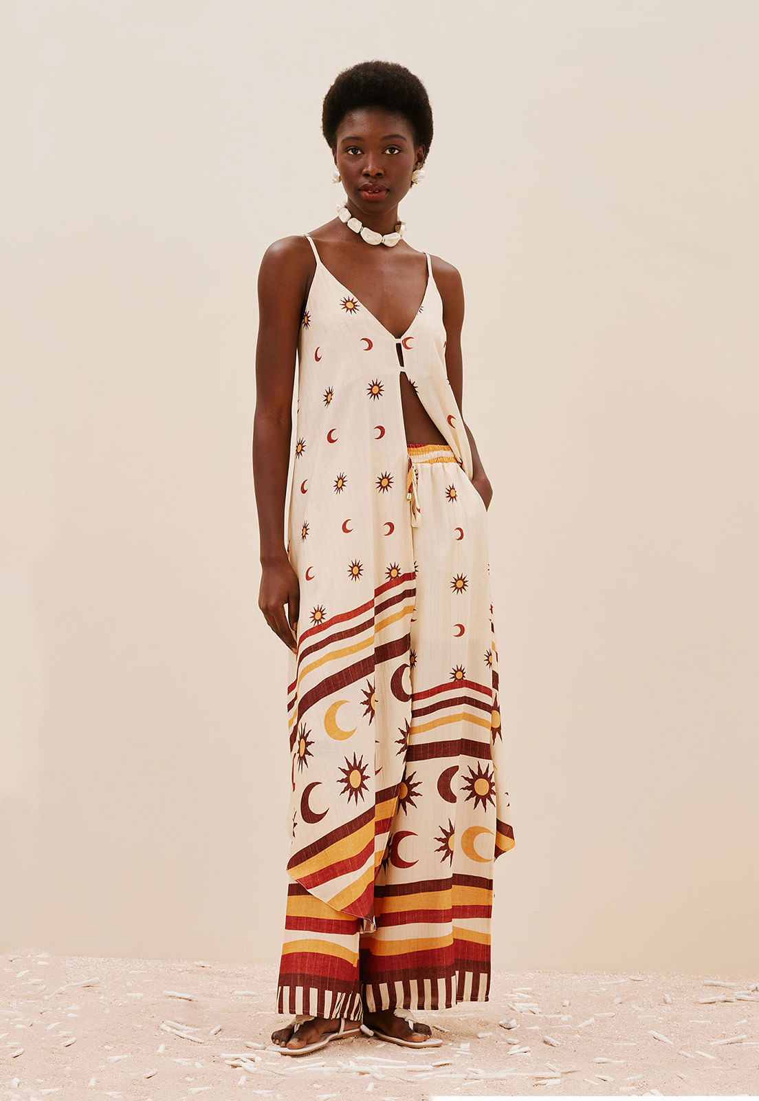 Calça Pantalona Pala Lastex Estampada Dunas Douradas