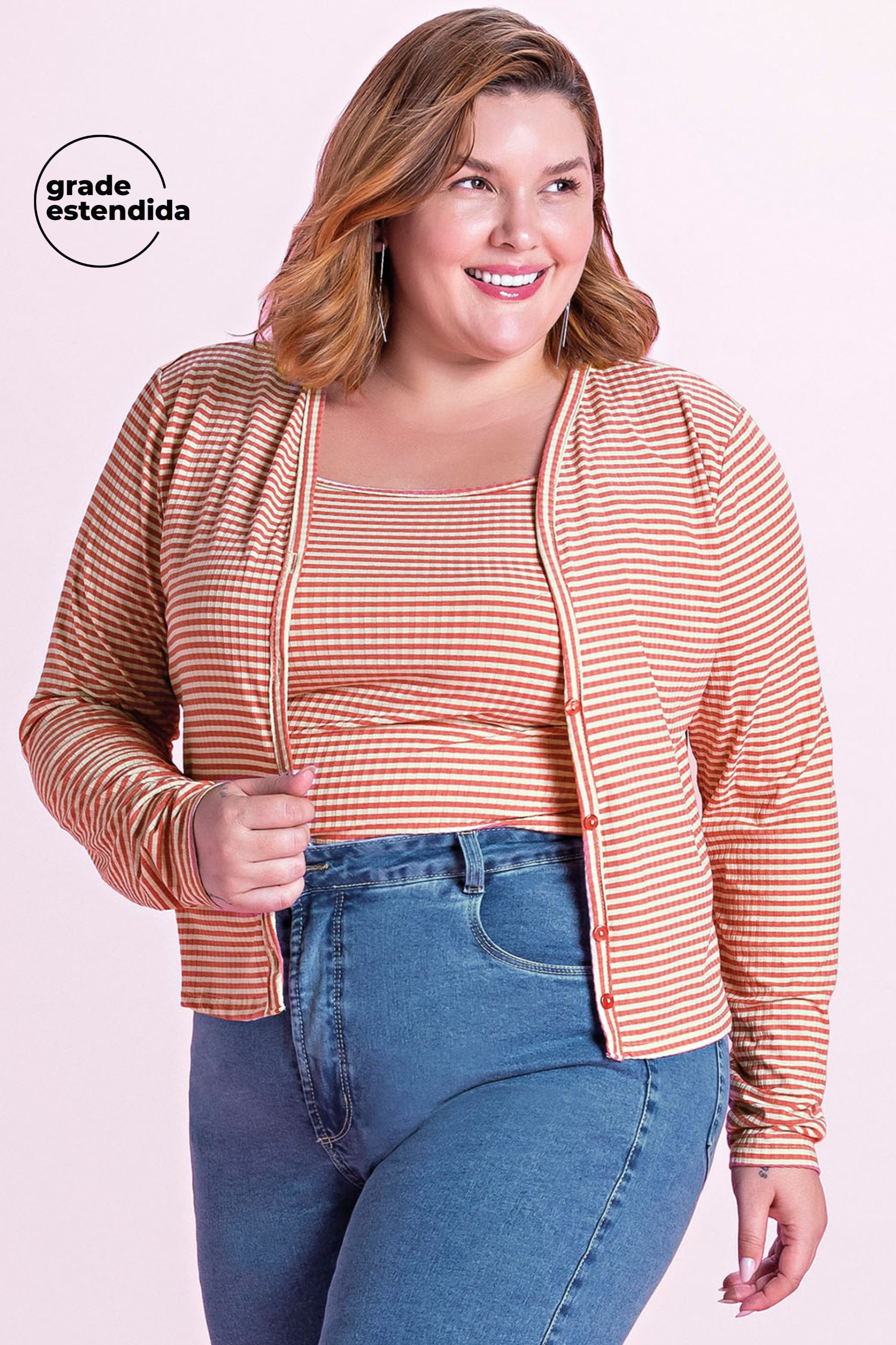 Conjunto Feminino Cardigan com Regata Listrado Marialícia  Rosa