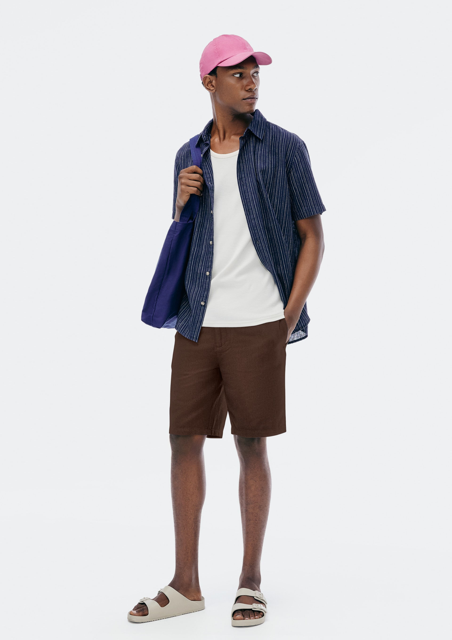 Bermuda Masculina Reta Texturizada Com Linho