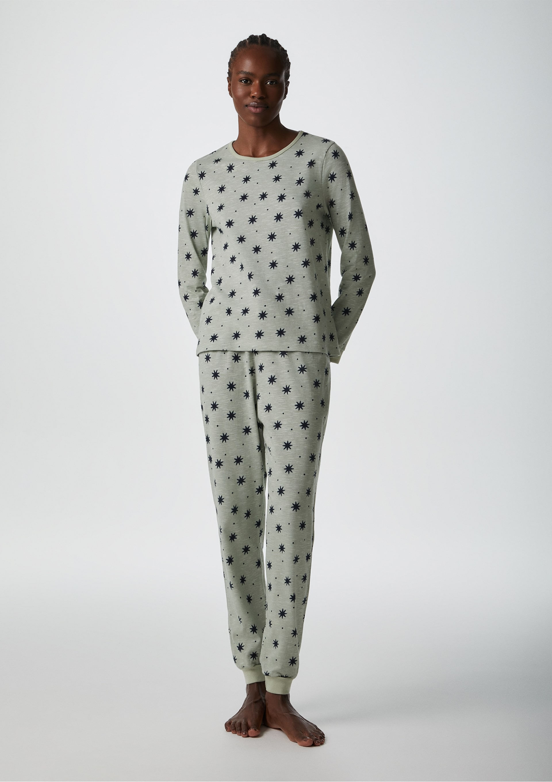 Pijama Longo Feminino Estampado Em Malha Flamê