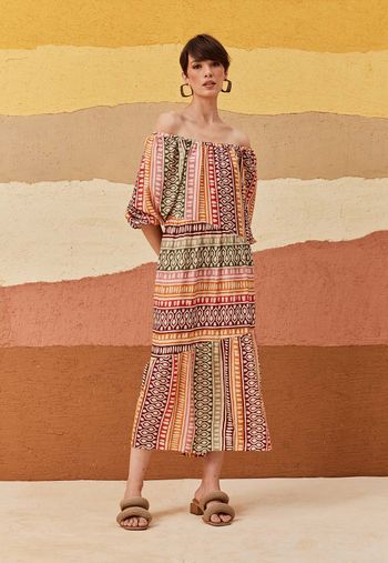 Vestido Midi Decote Elástico Estampado Huaso M / BEGE