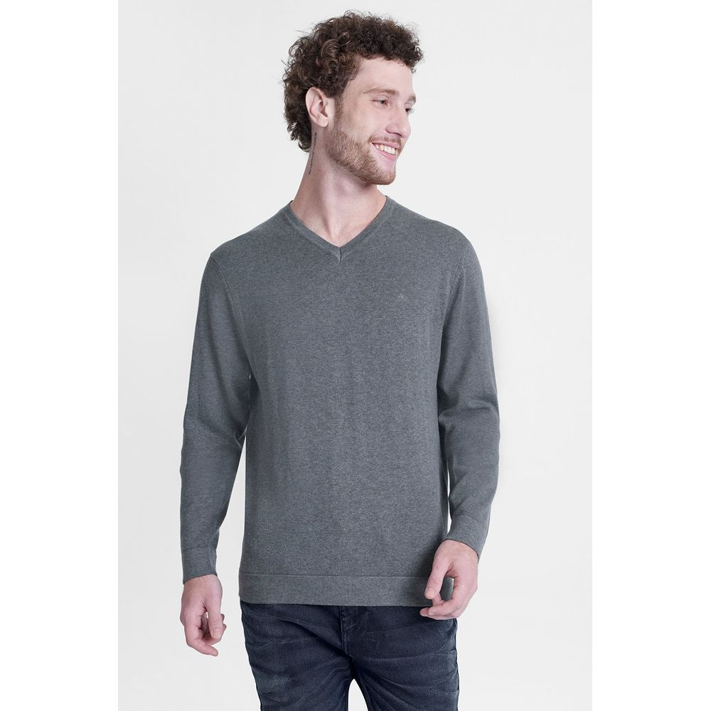 Tricot Aramis Manga Longa Gola v Cinza Mescla