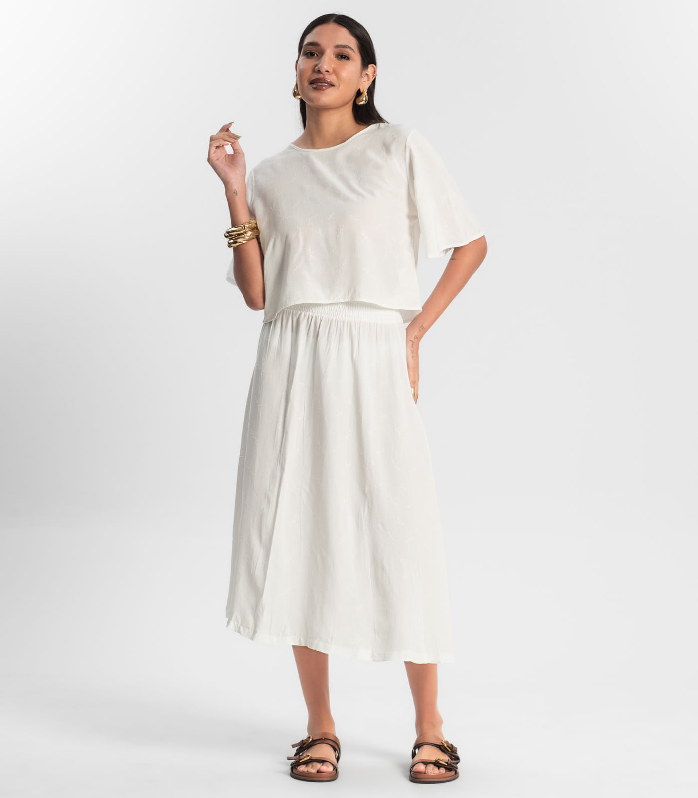 Saia Midi Viscose Maquinetada Bege