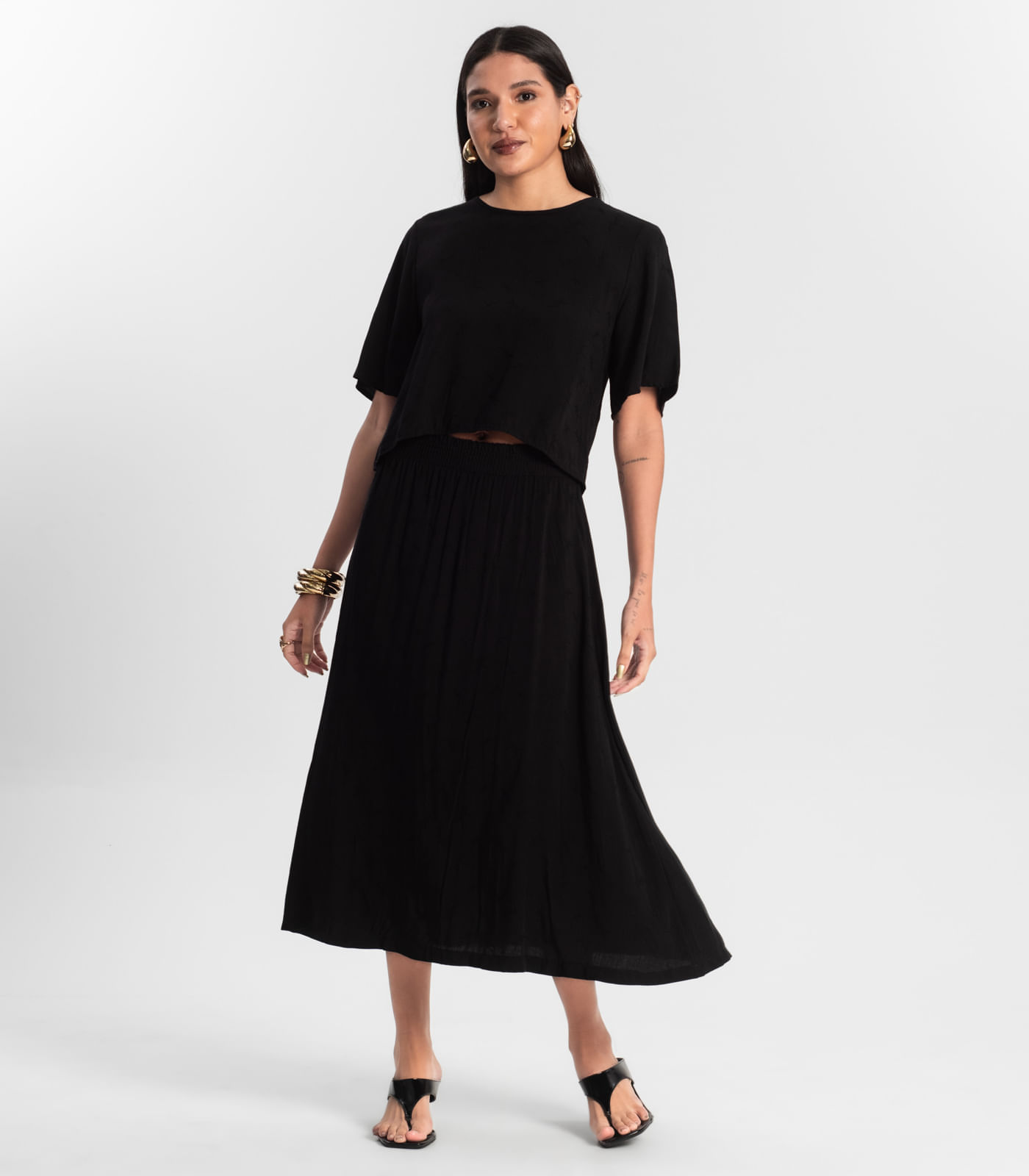 Saia Midi Viscose Maquinetada Preto