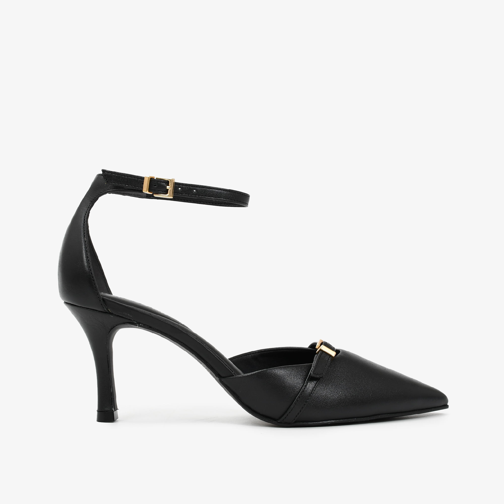 Scarpin Preto Tira Salto Fino Médio Couro
