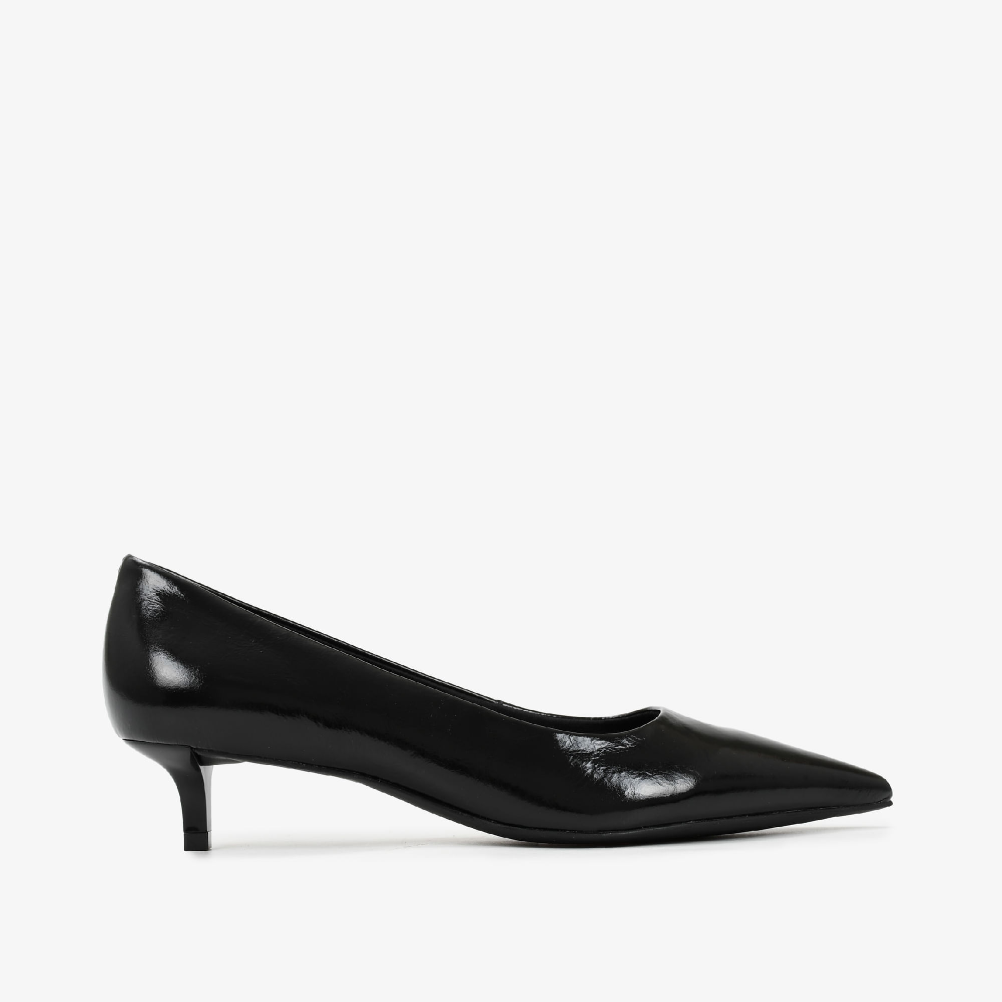 Scarpin Preto Salto Fino Baixo Couro Brilhoso