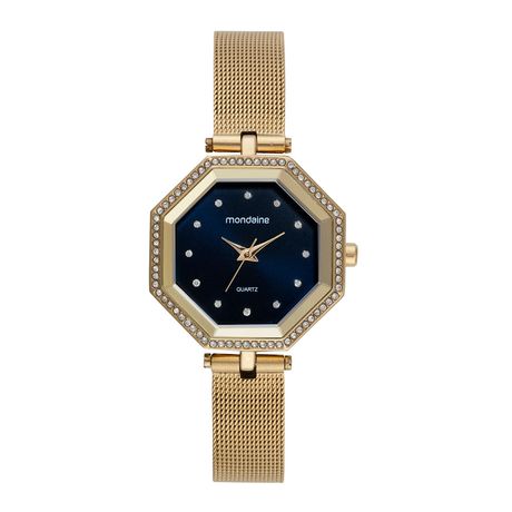 Relógio Feminino Octogonal Aço Dourado Malha Dourada Mostrador Azul Cristais Mondaine