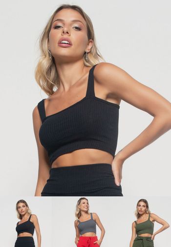 Kit 3 Croppeds  Top Faixa Comfy Malha Canelada Preto, Grafite e Verde Salvatore Fashion G