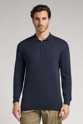 Polo De Manga Comprida Em Algodão Com Zíper - Azul P / Azul