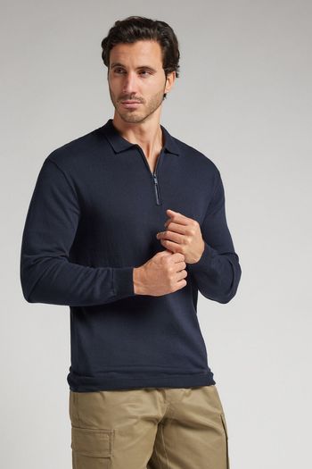 Polo De Manga Comprida Em Algodão Com Zíper - Azul P / Azul