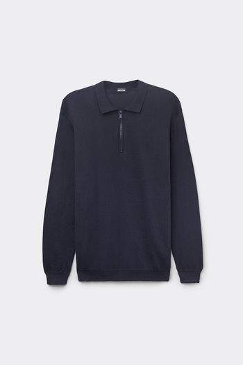 Polo De Manga Comprida Em Algodão Com Zíper - Azul P / Azul
