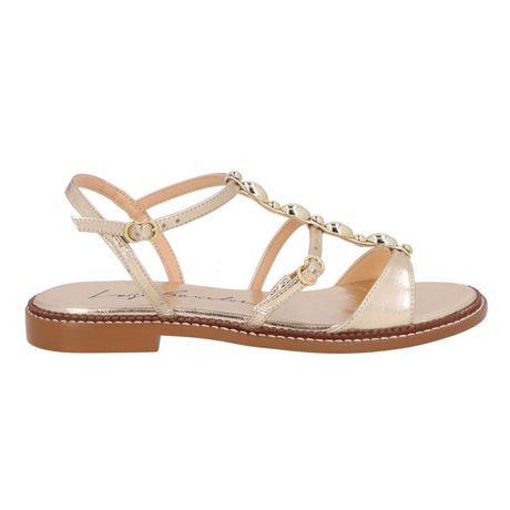 Sandália Rasteira Luiza Barcelos Metalizada Dourado Tiras Cruzadas Enfeites Ovais