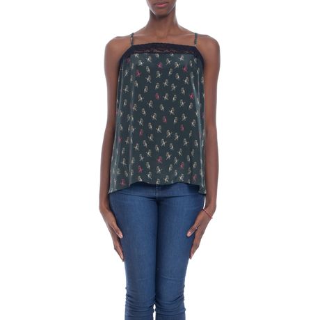 Regata Seda Estampada Alças Finas Azul Escuro