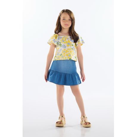 Conjunto Blusa E Saia Jeans Menina Quimby Justa Manga Curta Franzida Amarelo Floral Jeans Azul
