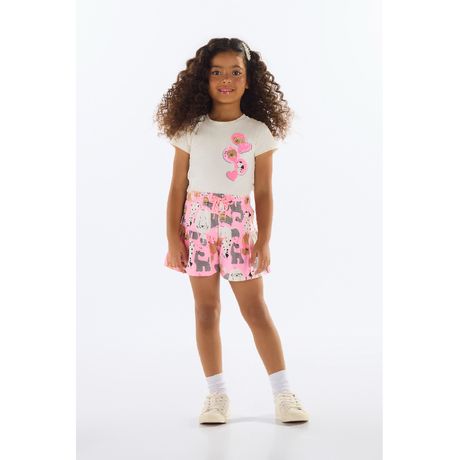 Conjunto Blusa e Short Menina Quimby Ajustada Malha Manga Curta Rosa Claro