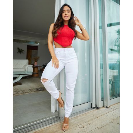 Calça Jeans Feminina Skinny Intermediária Rasgo No Joelho Branco