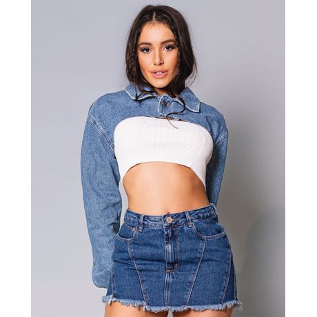 Jaqueta Jeans Feminina Cropped Manga Longa Azul Médio