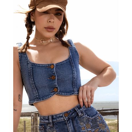 Top Jeans Feminino Ana Castela Cropped Sem Manga Azul Escuro