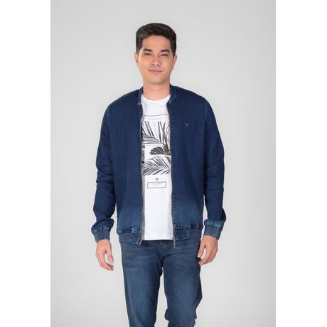 Jaqueta Traymon Moletom Jeans Zíper Manga Longa Azul Marinho