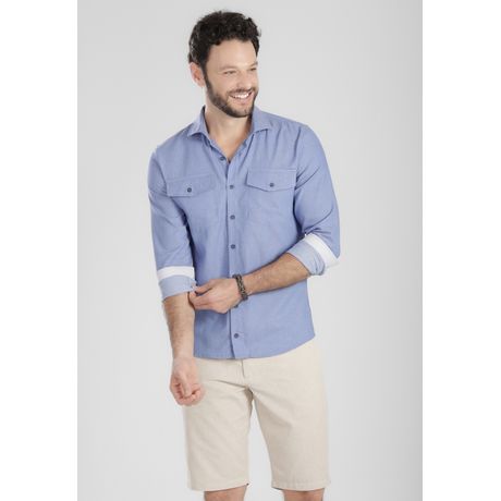 Camisa Traymon Slim Manga Longa Bolsos Azul Claro